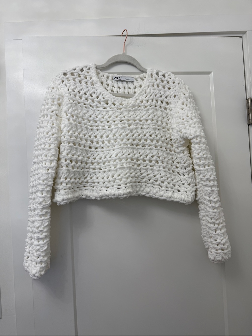 Zara White Chunky Crochet Cropped Sweater